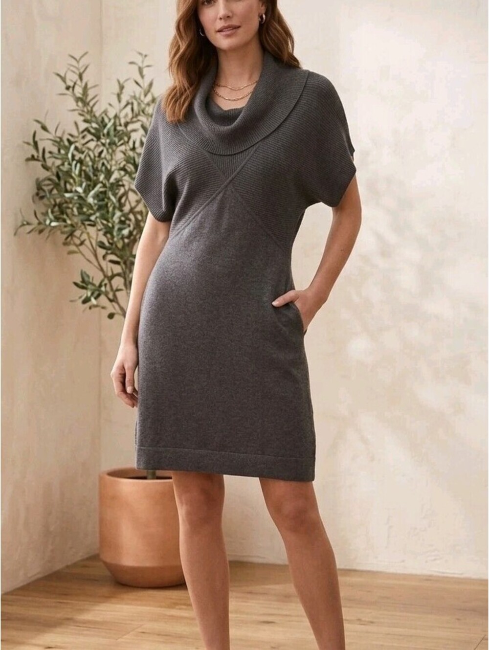 Nine West Sweater Dress Womens M Gray Cowl Neck Dolman Short Sleeve Knit